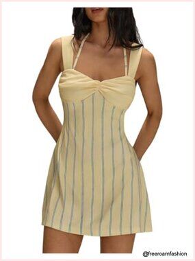 Striped Halter Mini Dress Summer Sleeveless Twist Front A Line Going Out Dresses